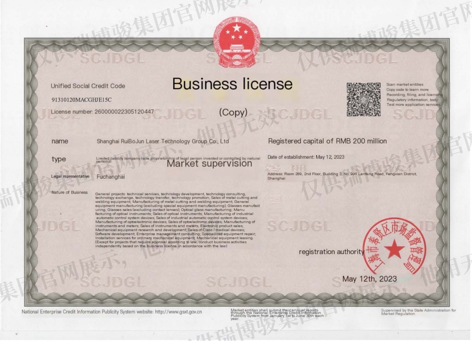 上海瑞博骏执照英文版